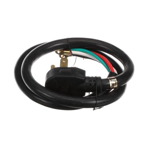 GE WX09X10035 4-wire, 40-amp power cord packaged for safe shipping, including high-durability cord, connectors, and clear installation instructions for easy setup.