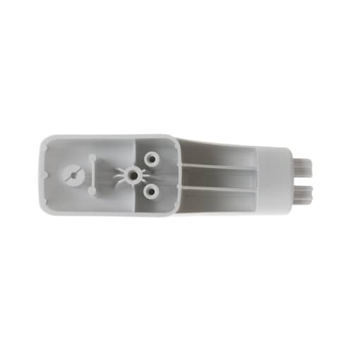 Bottom view of white plastic handle end cap. Shows mounting holes and interior structure.