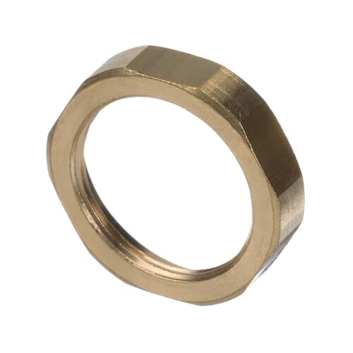 Shiny brass hexagonal appliance part.