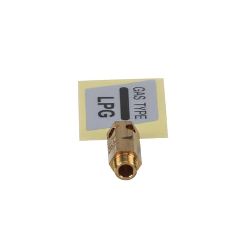 Top-down view showing the brass nozzle and the separate square LPG identification sticker.