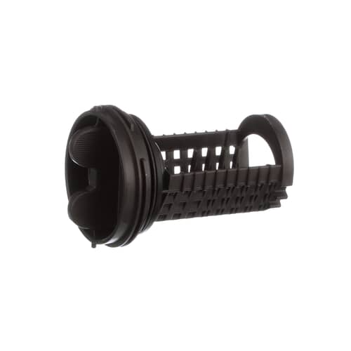 Side view of the black LG washer filter assembly showing the filter basket structure