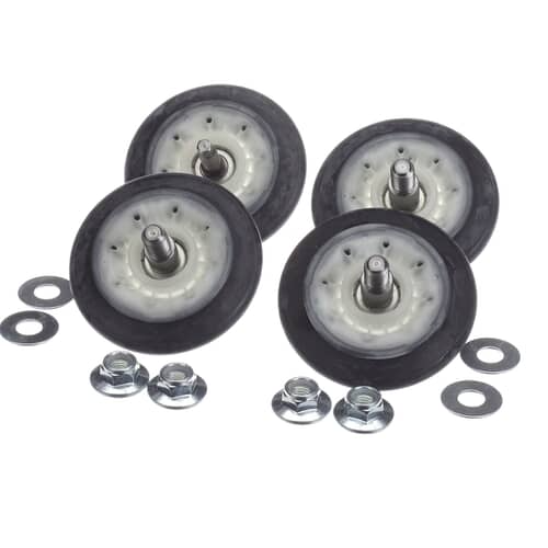 Angled view of the four roller assemblies showing the black outer tread and central hub.