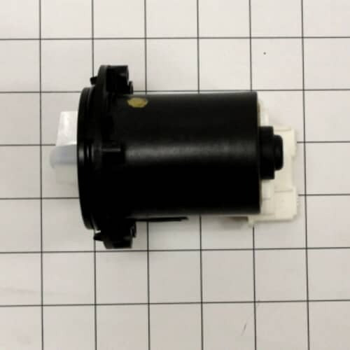 Front view of the LG 4681EA2001T Drain Pump Motor showing the motor assembly, impeller, and electrical connector for efficient water drainage in washing machines.