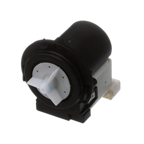 Side profile of the LG 4681EA2001T Drain Pump Motor with metal shaft and durable plastic housing, designed for reliable performance in LG and Kenmore Elite washers.