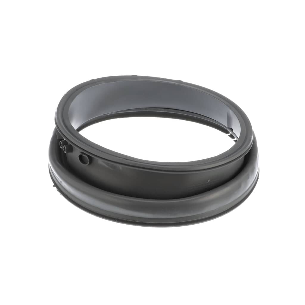 Side profile of the LG 4986ER0004F Washer Door Gasket, highlighting the durable construction and drain port designed for optimal performance in LG and Kenmore washers.
