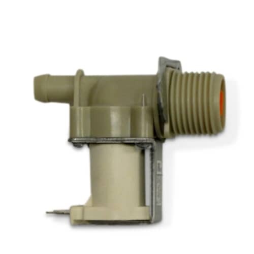Detailed angle view of the LG 5220FR2006H Washer Hot Water Inlet Valve, showing the metal mounting bracket, the threaded inlet with a visible orange sediment screen/filter, and the solenoid coil for controlling water flow.