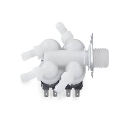 LG washer inlet valve assembly with white plastic housing details against a white background