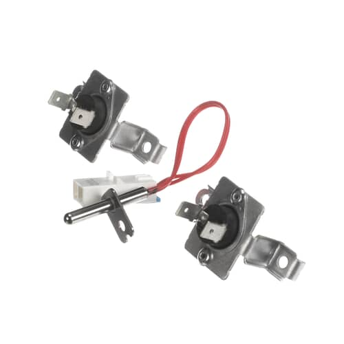 The complete dryer thermostat and thermistor kit showing the two metal-plated thermal cutoffs, the plug-in thermistor assembly, and a red wire loop.