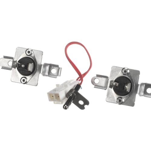 Close-up of one of the disc-shaped thermostats showing its mounting tabs and electrical spade connectors.