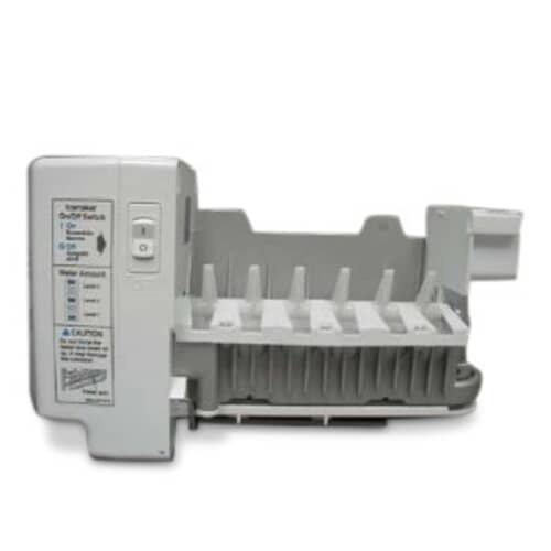 A side profile view of the LG AEQ36756901 ice maker assembly.
