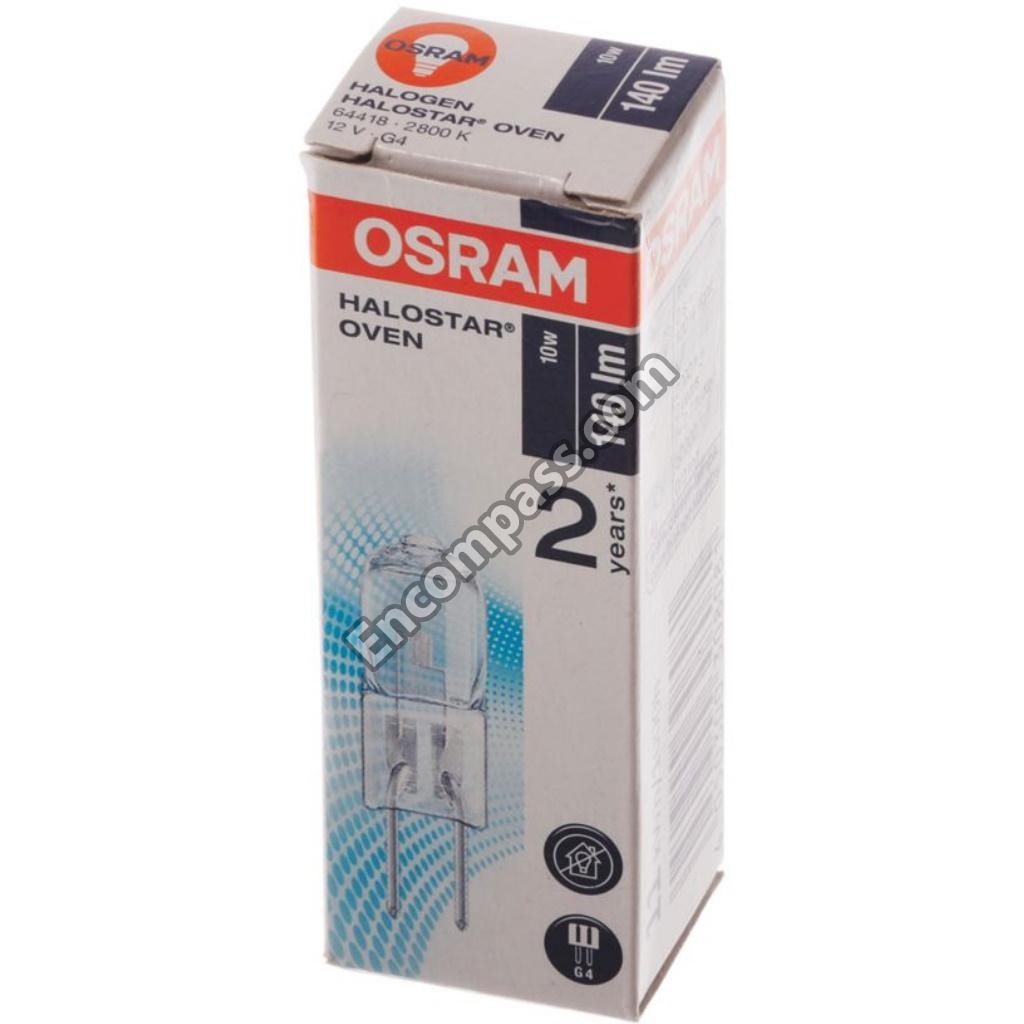 Box for an OSRAM Halogen HALOSTAR OVEN bulb, showing the specifications 10W, 12V, G4, 2800 K, 140 lm, which corresponds to the Bosch 00157311 part.