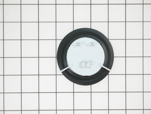 A clear, curved plastic component, likely a refrigerator door bin insert, shown at an angle with white retention clips visible.