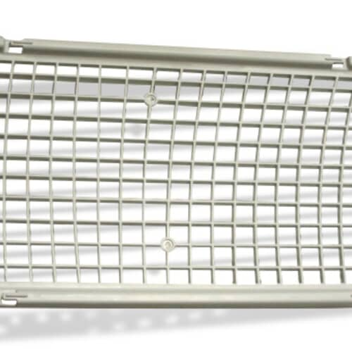 Side-angled view of the light gray Samsung dryer rack showing its ribbed structure.