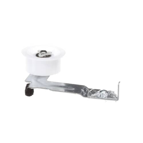 Angled view of the idler assembly showing the white pulley wheel mounted on the metal arm.