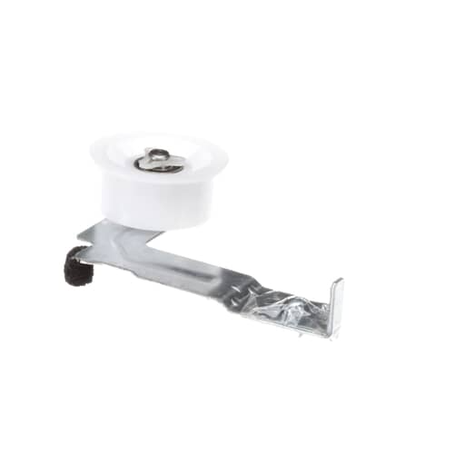 Side profile of the idler assembly showing the metal arm, mounting tabs, and a small black damper/bumper.