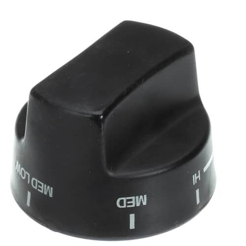 Angled view of the black PA010034 control knob with rotational markings.