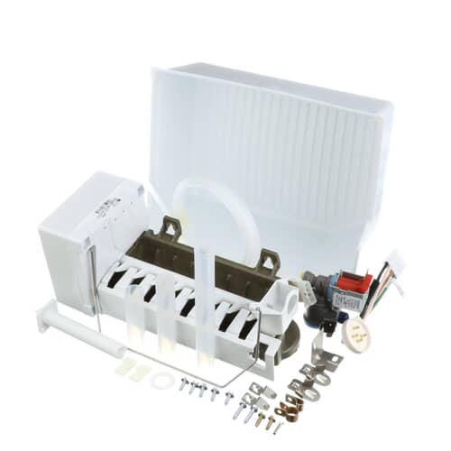 The complete ice maker kit laid out showing the white storage bin, the ice maker module, tubing, and hardware scattered on a white surface.