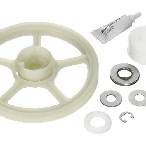 Close-up of the Whirlpool 12002213 washer thrust bearing kit showing pulley, washers, and grease