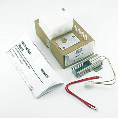 Detailed view of the Whirlpool 12400035 Oven Igniter Kit, showing the metal igniter assembly with ceramic insulator, red wire leads, mounting bracket, and protective connectors — designed for reliable ignition of gas burners in Whirlpool and compatible range models.