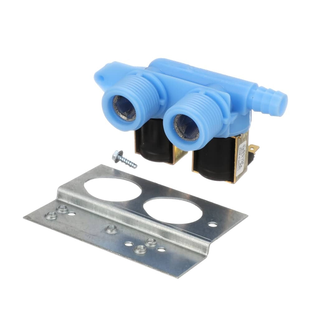 Top-down view of the Whirlpool 285805 Dual Water Inlet Valve, showing the valve mounted onto the metal bracket, with the four spade electrical terminals visible and the two hose barb outlets pointing away from the base.