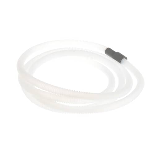Coiled 12-foot white corrugated Whirlpool dishwasher drain hose with black connector