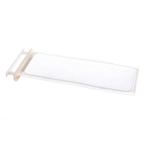 View of the lint screen showing the white plastic frame and handle tabs on the end.