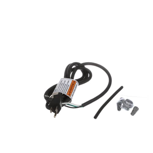 Coiled 5-foot black power cord with 3-prong right-angle plug and warning label