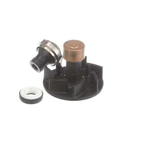 Full view of the Whirlpool 4386996A Impeller assembly with the included parts, showcasing the copper shaft, rubber seals, and durable construction for consistent washing performance.