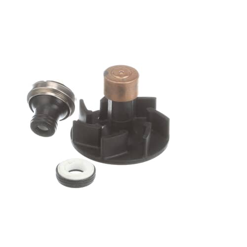 Front view of the Whirlpool 4386996A Impeller showing the black plastic construction and copper-coated shaft designed for efficient water distribution during the wash cycle.