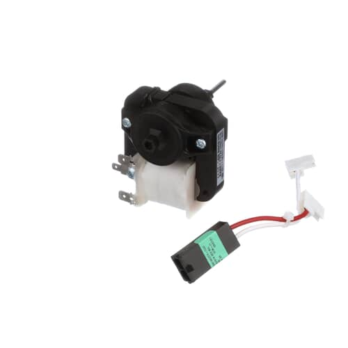 Angled view of the evaporator fan motor showing the light-colored housing half and the control shaft.