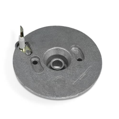 Bottom view of the Whirlpool 74007735 burner base, showing the gas entry point and mounting points.