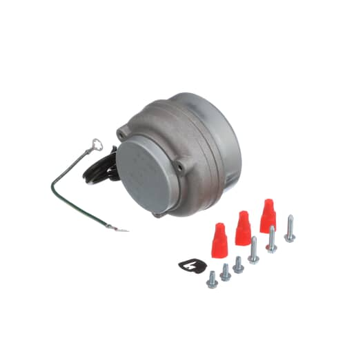 Angled view of the condenser fan motor assembly against a blue background, showing the gray housing and attached wires with red caps.