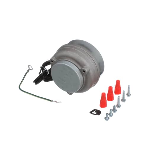The condenser fan motor assembly shown with its wiring harness and accompanying screws and red protective caps on a white background.
