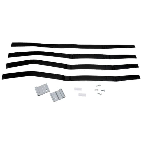 Close-up view of the metal brackets and the small bag containing the necessary mounting screws.