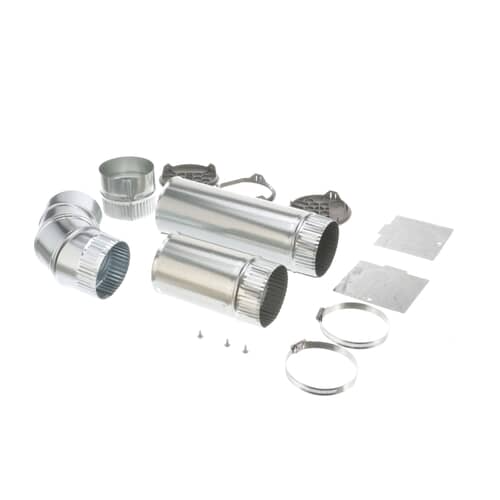 Angled view of the dryer vent kit showing duct extenders and metal plates