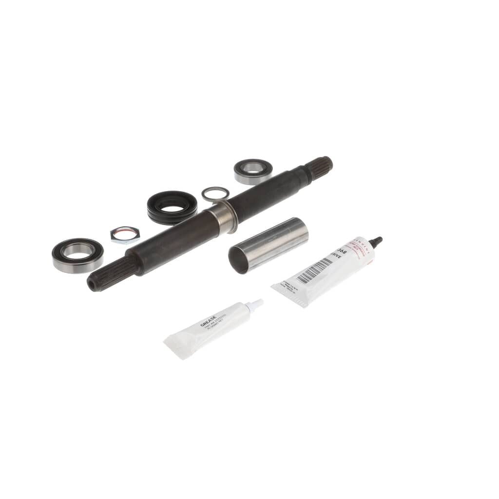 Whirlpool W10435302 Kit components laid out: drive shaft, bearings, spacer tube, washer, grease, adhesive, and shaft nut, ready for installation into compatible washers.