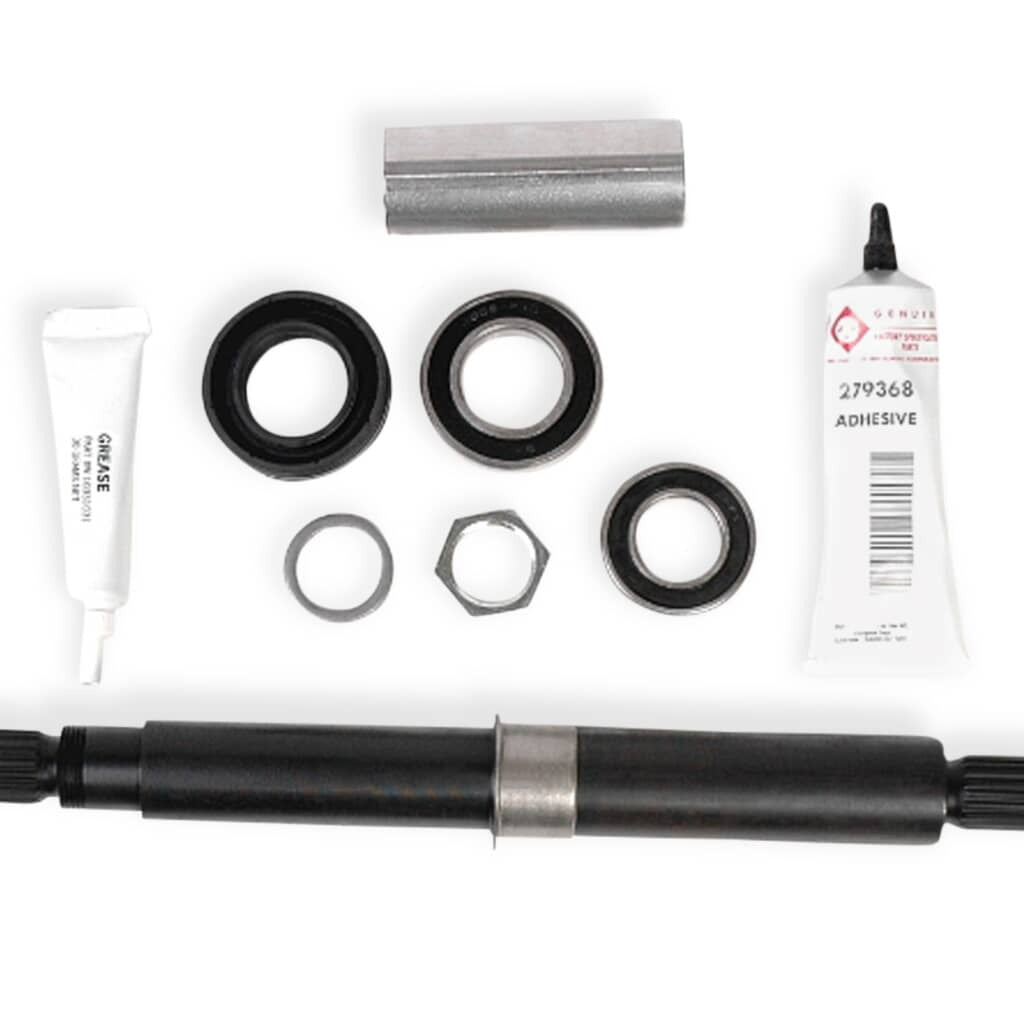 Front view of the Whirlpool W10435302 Tub Bearing and Drive Shaft Kit, showing the drive shaft, upper and lower bearings, and all necessary installation components including adhesive and grease.