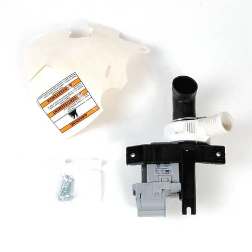 Full view of the Whirlpool W10536347 drain pump assembly with splash shield and hardware