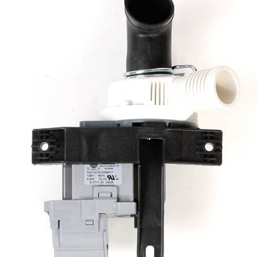 Close-up of the Whirlpool drain pump motor housing and hose connections