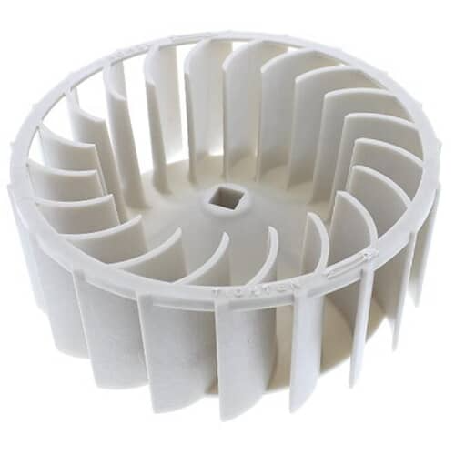 Front view of the light-colored plastic blower wheel showing the fan blades arranged radially.