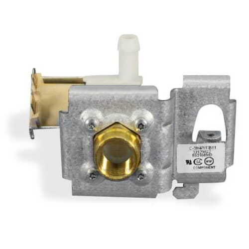 Front view of the WP8531669 inlet valve, clearly showing the brass water connection fitting and metal mounting bracket.