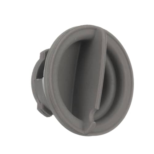 Close-up angled view of the WP8533380 rinse aid cap, showing the handle mechanism and seal.